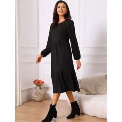 Women's Fall Dresses Long Sleeve Round Neck Tiered Casual Knit A-Line Midi Dress With Pockets -Fashion Clothing Store 7813130 ALT2