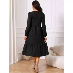 Women's Fall Dresses Long Sleeve Round Neck Tiered Casual Knit A-Line Midi Dress With Pockets -Fashion Clothing Store 7813130 ALT3