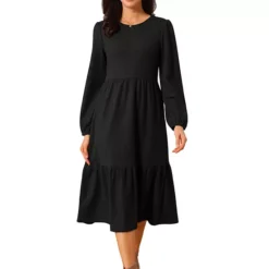 Women's Fall Dresses Long Sleeve Round Neck Tiered Casual Knit A-Line Midi Dress With Pockets
