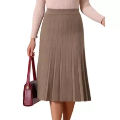 Women's Knit Pleated Skirt High Waist Stretchy A Line Midi Sweater Skirt Winter Outfits