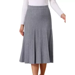 Women's Knit Pleated Skirt High Waist Stretchy A Line Midi Sweater Skirt Winter Outfits -Fashion Clothing Store 7813147 Grey