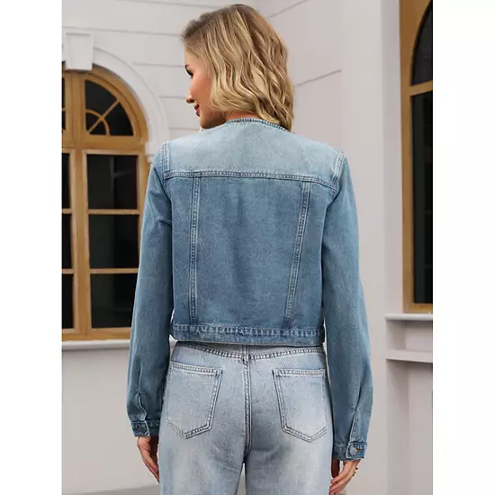 Women's Denim Jacket Collarless Button Down Long Sleeve Casual 2 Women's Denim Jacket Collarless Button Down Long Sleeve Casual - Image 2