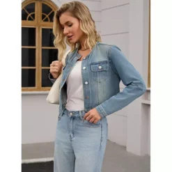 Women's Denim Jacket Collarless Button Down Long Sleeve Casual 9 Women's Denim Jacket Collarless Button Down Long Sleeve Casual -Fashion Clothing Store 7813649 ALT2
