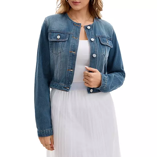 Women's Denim Jacket Collarless Button Down Long Sleeve Casual 1 Women's Denim Jacket Collarless Button Down Long Sleeve Casual