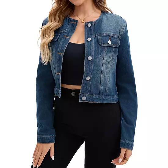 Women's Denim Jacket Collarless Button Down Long Sleeve Casual 7 Women's Denim Jacket Collarless Button Down Long Sleeve Casual - Image 7