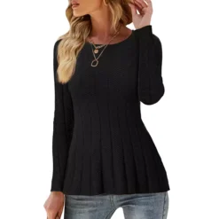 Women's Long Sleeve Sweaters Crewneck Stretch Knit Tops Fall Winter Casual Shirt -Fashion Clothing Store 7814510 Black