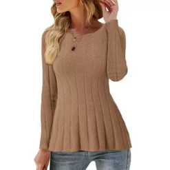 Women's Long Sleeve Sweaters Crewneck Stretch Knit Tops Fall Winter Casual Shirt -Fashion Clothing Store 7814510 Brown 1