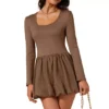Women's Mini Dress Scoop Neck Long Sleeves Party Club Slim Fit Bubble Skirt Short Cocktail Dress