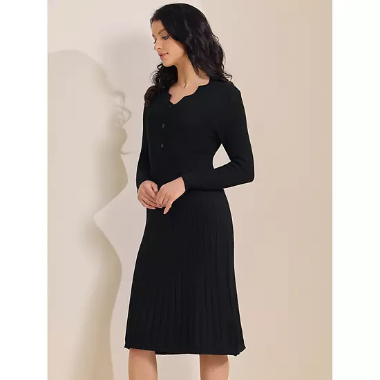 Women's Ribbed Knit Dress Long Sleeve V Neck Lightweight Sweater Elegant Pleated Dresses 2 Women's Ribbed Knit Dress Long Sleeve V Neck Lightweight Sweater Elegant Pleated Dresses - Image 2