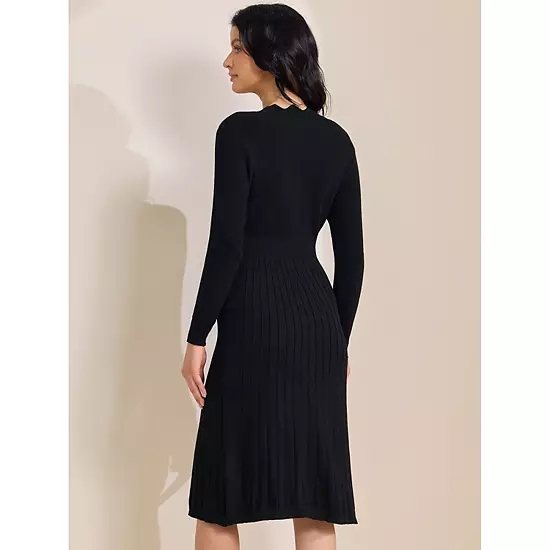Women's Ribbed Knit Dress Long Sleeve V Neck Lightweight Sweater Elegant Pleated Dresses 3 Women's Ribbed Knit Dress Long Sleeve V Neck Lightweight Sweater Elegant Pleated Dresses - Image 3