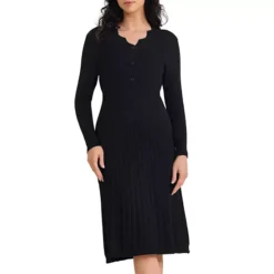 Women's Ribbed Knit Dress Long Sleeve V Neck Lightweight Sweater Elegant Pleated Dresses