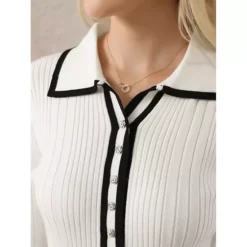 Women's Long Sleeve Sweater Dress Contrast Trim Ruffled Fall Winter Ribbed Knit Bodycon Dresses -Fashion Clothing Store 7816153 ALT3