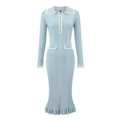 Women's Long Sleeve Sweater Dress Contrast Trim Ruffled Fall Winter Ribbed Knit Bodycon Dresses -Fashion Clothing Store 7816153 Light Blue