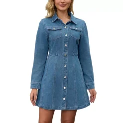 Women's Denim Dress Button Up Collar Long Sleeve A-Line Above The Knee Length Jean Dresses -Fashion Clothing Store 7816219 Blue