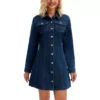 Women's Denim Dress Button Up Collar Long Sleeve A-Line Above The Knee Length Jean Dresses