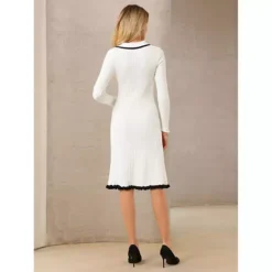 Women's Midi Knitted Dress Ribbed Ruffled A-Line Sweater Polo Dresses -Fashion Clothing Store 7816368 ALT2