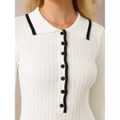 Women's Midi Knitted Dress Ribbed Ruffled A-Line Sweater Polo Dresses -Fashion Clothing Store 7816368 ALT3