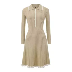 Women's Midi Knitted Dress Ribbed Ruffled A-Line Sweater Polo Dresses