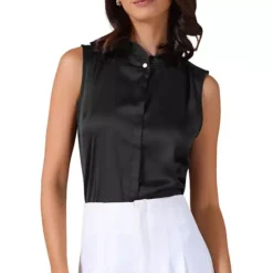 Women's Satin Top Elegant Sleeveless Pleated Mock Neck Ruffle Trim Solid Work Blouse Silk Tank Tops -Fashion Clothing Store 7816411 Black