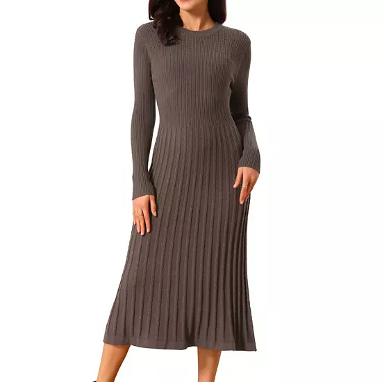 Women's Crewneck Sweater Dress Knit Long Sleeve Midi Ribbed A-Line Dress 6 Women's Crewneck Sweater Dress Knit Long Sleeve Midi Ribbed A-Line Dress - Image 6