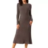 Women's Crewneck Sweater Dress Knit Long Sleeve Midi Ribbed A-Line Dress