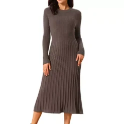 Women's Crewneck Sweater Dress Knit Long Sleeve Midi Ribbed A-Line Dress