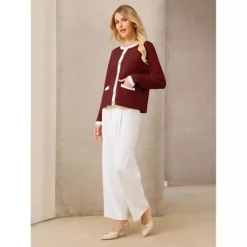 Women's Button Down Cardigan Sweater Crewneck Contrast Trim Long Sleeve Knit Ribbed Jacket -Fashion Clothing Store 7816523 ALT2