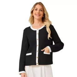 Women's Button Down Cardigan Sweater Crewneck Contrast Trim Long Sleeve Knit Ribbed Jacket -Fashion Clothing Store 7816523 Black