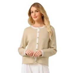 Women's Button Down Cardigan Sweater Crewneck Contrast Trim Long Sleeve Knit Ribbed Jacket -Fashion Clothing Store 7816523 Khaki 1