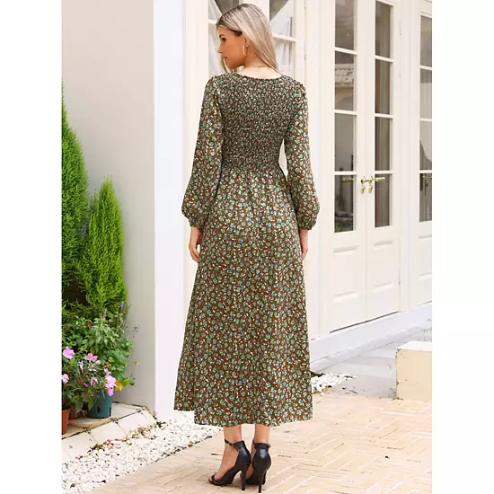 Floral Smocked Long Dress For Women's Long Puffy Sleeve A-Line Summer Boho Maxi Dresses 2 Floral Smocked Long Dress For Women's Long Puffy Sleeve A-Line Summer Boho Maxi Dresses - Image 2
