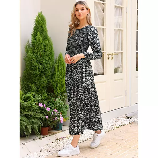 Floral Smocked Long Dress For Women's Long Puffy Sleeve A-Line Summer Boho Maxi Dresses 3 Floral Smocked Long Dress For Women's Long Puffy Sleeve A-Line Summer Boho Maxi Dresses - Image 3