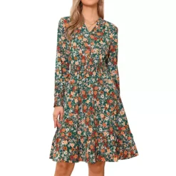 Long Sleeve Dress For Women's V Neck Floral Smocked High Waist Ruffle A Line Knee Length Dresses -Fashion Clothing Store 7816561 Green Orange 1