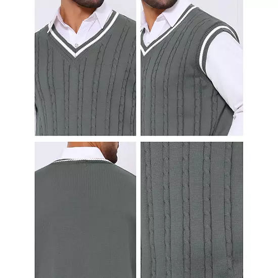 Men's Solid Color V-Neck Sleeveless Cable Knitted Sweater Vest 4 Men's Solid Color V-Neck Sleeveless Cable Knitted Sweater Vest - Image 4