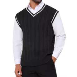Men's Solid Color V-Neck Sleeveless Cable Knitted Sweater Vest 14 Men's Solid Color V-Neck Sleeveless Cable Knitted Sweater Vest -Fashion Clothing Store 7816578 Black