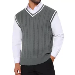 Men's Solid Color V-Neck Sleeveless Cable Knitted Sweater Vest 15 Men's Solid Color V-Neck Sleeveless Cable Knitted Sweater Vest -Fashion Clothing Store 7816578 Dark Gray 1