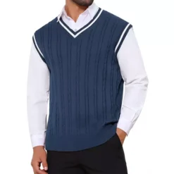 Men's Solid Color V-Neck Sleeveless Cable Knitted Sweater Vest 17 Men's Solid Color V-Neck Sleeveless Cable Knitted Sweater Vest -Fashion Clothing Store 7816578 Navy Blue