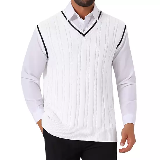 Men's Solid Color V-Neck Sleeveless Cable Knitted Sweater Vest 8 Men's Solid Color V-Neck Sleeveless Cable Knitted Sweater Vest - Image 8