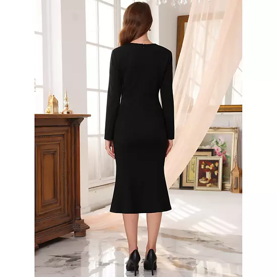 Women's Square Neck Dress Wedding Guest Long Sleeve Formal Cocktail Elegant Midi Fishtail Dresses 3 Women's Square Neck Dress Wedding Guest Long Sleeve Formal Cocktail Elegant Midi Fishtail Dresses - Image 3