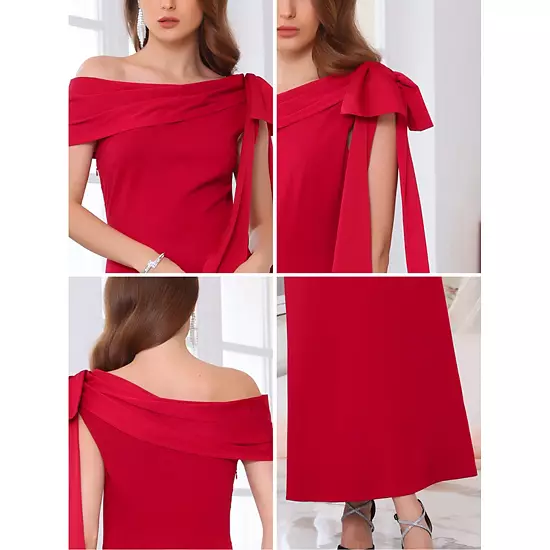 Women's Evening Dress One Shoulder Bow Wedding Guest Bridesmaid Cocktail Prom A-Line Maxi Dresses 4 Women's Evening Dress One Shoulder Bow Wedding Guest Bridesmaid Cocktail Prom A-Line Maxi Dresses - Image 4