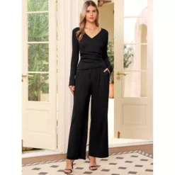 2 Piece Casual Sets For Women's Long Sleeve V Neck Drawstring Elastic Waist Wide Leg Tracksuits -Fashion Clothing Store 7816622 ALT2