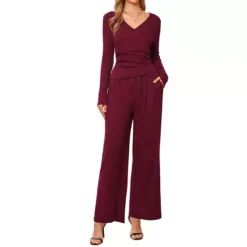 2 Piece Casual Sets For Women's Long Sleeve V Neck Drawstring Elastic Waist Wide Leg Tracksuits -Fashion Clothing Store 7816622 Burgundy 1