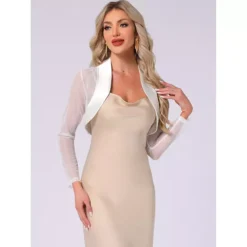Satin Shrug For Women's Evening Dresses Mesh Coverup Open Front Long Sleeve Cropped Bolero -Fashion Clothing Store 7816719 ALT2