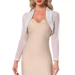 Satin Shrug For Women's Evening Dresses Mesh Coverup Open Front Long Sleeve Cropped Bolero -Fashion Clothing Store 7816719 White