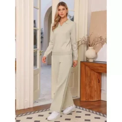 Knit Sweater Top Wide Leg Pants Set For Women's 2 Piece V Neck Lounge Outfits Trendy Cozy Clothes -Fashion Clothing Store 7816720 ALT2