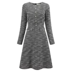 Women's A-Line Tweed Dress Long Sleeve Trendy Fall Vintage Work Flare Dresses
