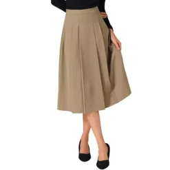 Women's High Waist Fall Work Office A-Line Pleated Midi Skirt -Fashion Clothing Store 7817627 Khaki 1