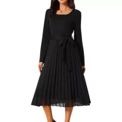 Women's Fall Long Sleeve Dress Casual Crewneck Pleated A Line Flowy Midi Party Dresses With Belt -Fashion Clothing Store 7818268 Black 1