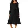 Women's Fall Long Sleeve Dress Casual Crewneck Pleated A Line Flowy Midi Party Dresses With Belt