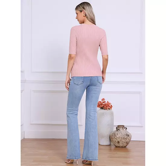 Short Sleeve Sweaters For Women's Crew Neck Dressy Casual Work Pullover Shirt Fall Outfits 2 Short Sleeve Sweaters For Women's Crew Neck Dressy Casual Work Pullover Shirt Fall Outfits - Image 2