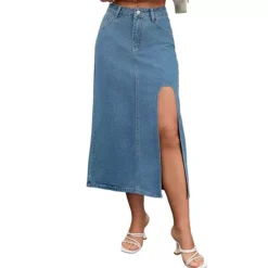 Women's Jean Skirts Slit High Waist A-Line Thigh Split Midi Denim Skirt -Fashion Clothing Store 7819163 Blue